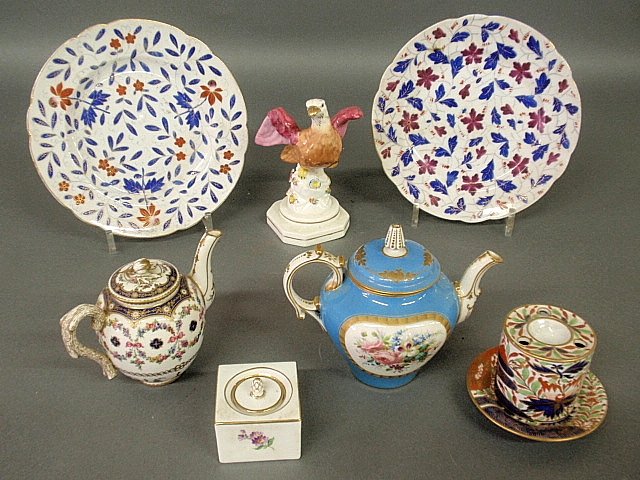 Seven pieces of porcelain- two Royal Vienna plates: Seven pieces of porcelain- two Royal Vienna plates 8.5"dia., Sevres ink box and demitasse teapot, Worcester pen holder, etc.