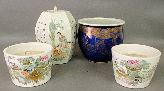 Large Chinese ginger jar 14"h., blue & gilt planter: Large Chinese ginger jar 14"h., blue & gilt planter 11.25"dia., and 2 other floral decorated planters 6" high, tops 8.5" diameter, bases 7.25" diameter.