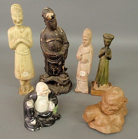 Asian carved figure of a nobleman 11"h., probably 18th: Asian carved figure of a nobleman 11"h., probably 18th c., rare Staffordshire figure c.1800, terracotta bust of a grimacing man signed "Carrier-Belluese" 4.5"h., and 3 Asian earthenware figures.