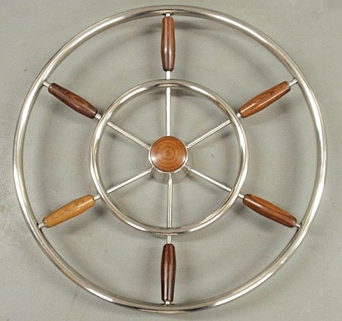 Chrome and teak wood yacht wheel. 22.5"dia.: Chrome and teak wood yacht wheel. 22.5"dia.