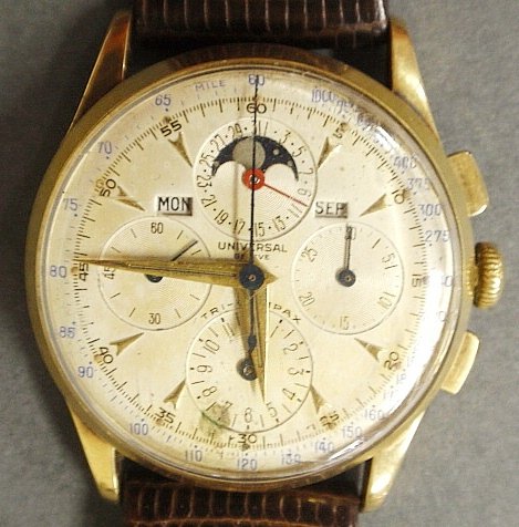Rare men’s 14k gold wristwatch, Universal, Geneve. 1.5”: Rare men’s 14k gold wristwatch, Universal, Geneve. 1.5”dia.