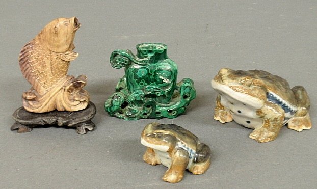 Carved Asian soapstone koi fish 3.5”h., a small carved: Carved Asian soapstone koi fish 3.5”h., a small carved green stone vase, and two ceramic frog figures, largest 5”l.