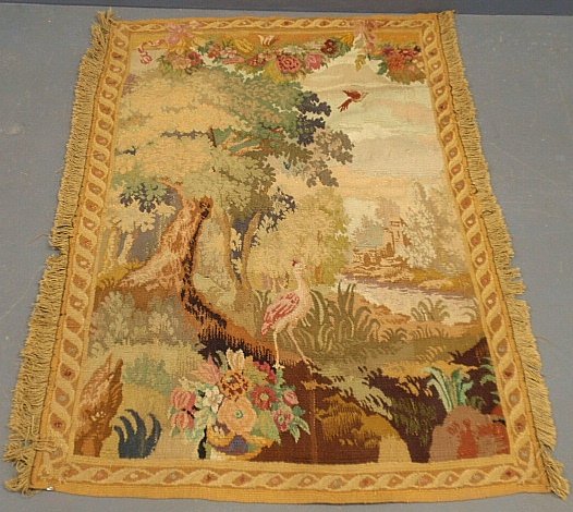 French Aubusson tapestry with exotic birds and ruins.: French Aubusson tapestry with exotic birds and ruins. 38"x61". We believe it is handmade, circa 1950