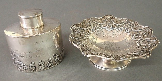 English silver tea caddy 4.25"h., 19th c., and a: English silver tea caddy 4.25"h., 19th c., and a sterling silver nut dish by Black, Starr & Frost 2.25"h. 10 troy oz. total
