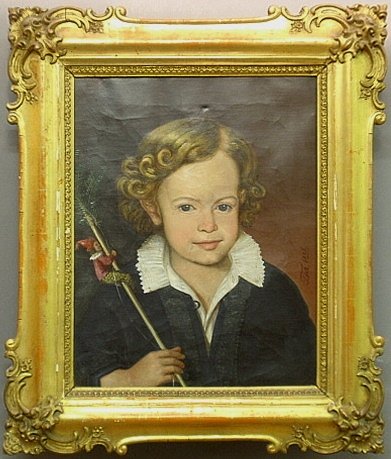 Oil on canvas portrait of a young boy holding a jester: Oil on canvas portrait of a young boy holding a jester string toy and signed middle right "J. Till 1856". Site- 14.5"x12"