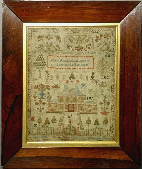 English silk on linen sampler, 19th c., "Alexander: English silk on linen sampler, 19th c., "Alexander Weir---" and with verse, potted flowers, birds, animals and house. Site-15.5"x11.5"