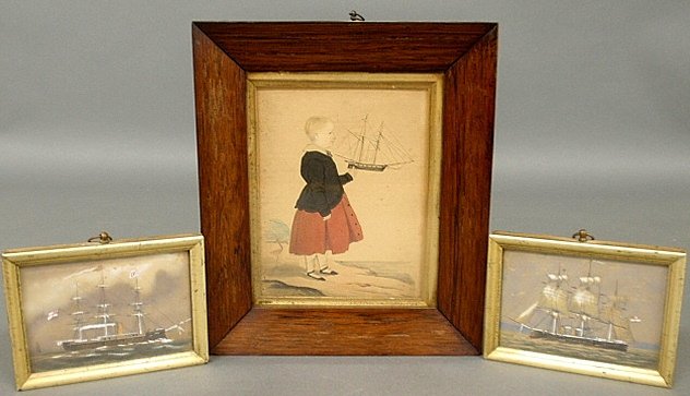 Small watercolor painting of a boy holding a toy boat,: Small watercolor painting of a boy holding a toy boat, c.1840, site size 6.5"x5" and mounted in a rosewood frame and two small gouache ship paintings, c.1865, site- 3.25"x4.5"