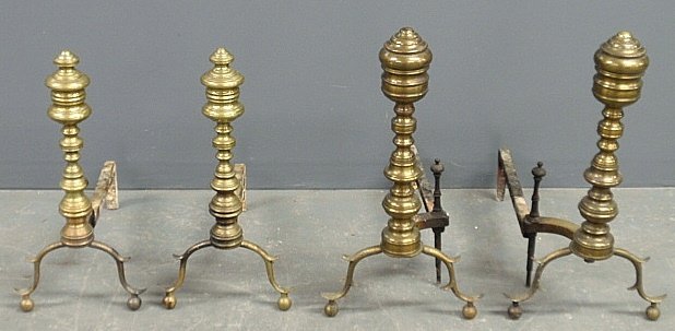 Two pairs of Chippendale brass andirons, largest: Two pairs of Chippendale brass andirons, largest 20.5"h.x11"w.x20"d.