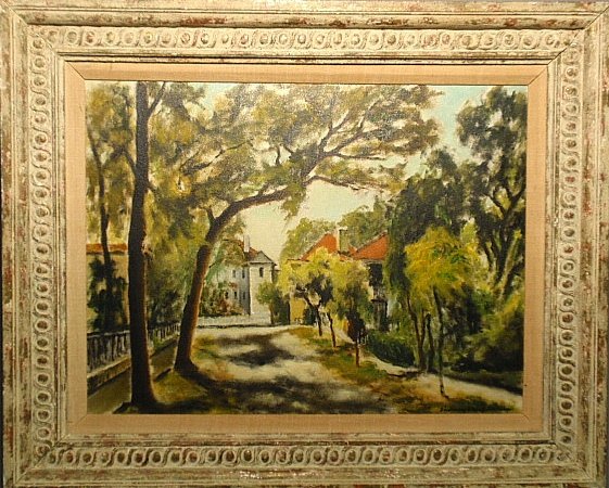 Laufman, Sidney [American, 1891-1985] oil on canvas: Laufman, Sidney [American, 1891-1985] oil on canvas painting of a South Carolina street scene, signed l.r. "Sidney Laufman". Site- 18.5"x24.5"