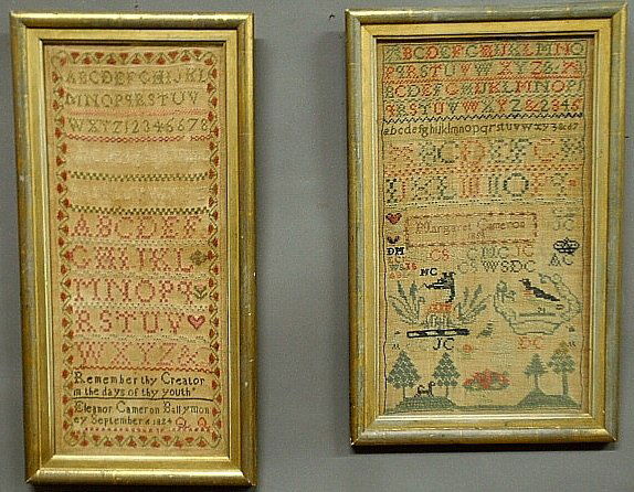 Two needlework samplers- one wrought by Eleanor Cameron: Two needlework samplers- one wrought by Eleanor Cameron Ballymoney 1824, site-17"x7.25", and one by Margaret Cameron 1859, site- 15.5"x8.75"