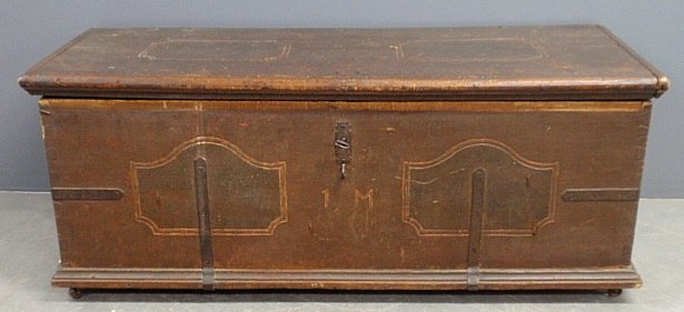 Continental pine blanket chest, 18th c., with strap: Continental pine blanket chest, 18th c., with strap hinges and grab lock and initialed "JM". 22.5"h.x58.5"w.x25"d.