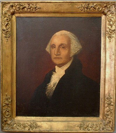 Oil on canvas portrait of George Washington, after the: Oil on canvas portrait of George Washington, after the original by Gilbert Stuart, unsigned. Site- 29.25"x24.5"