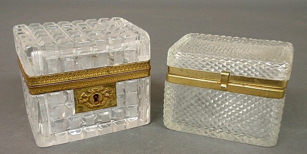 Early French crystal glass box with brass band and: Early French crystal glass box with brass band and escutcheon, 3.5"h.x4.25"w., and a smaller later example.