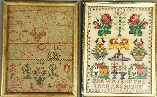 Wool on linen sampler wrought by Jessie(?) Cameron,: Wool on linen sampler wrought by Jessie(?) Cameron, Aged 11, 1839, with ABC's , flowers and birds, site- 16"x12", and a later sampler with religious verse.