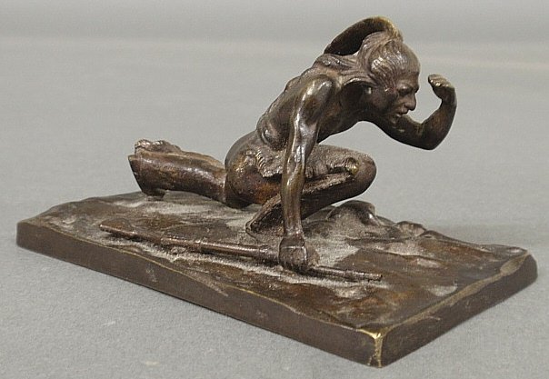 Kauba, Carl [Austria/UK, 1865-1922] bronze of an Indian: Kauba, Carl [Austria/UK, 1865-1922] bronze of an Indian warrior holding a rifle, signed "C. Kauba". 2.5"h.x4.25"w.x2.5"d.