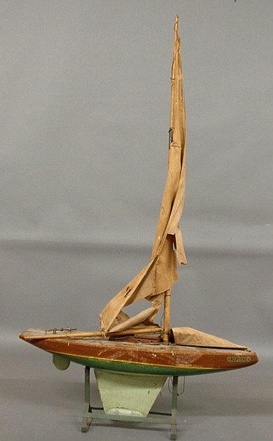 Early 19th c. pond model Neptune with stand, original: Early 19th c. pond model Neptune with stand, original paint decoration and sails. 43"h.x23.5"l.x6.25"w.