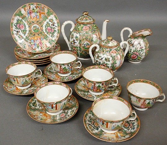 Group of Rose Medallion tableware, c.1860, to incl.: Group of Rose Medallion tableware, c.1860, to incl. coffeepot 8"h., sugar pot, creamer (as found), 5 plates 7.25"dia., 6 cups and 5 saucers 5.75"dia.