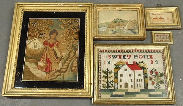 Five English woolworks and silkworks, the largest of a: Five English woolworks and silkworks, the largest of a water girl, site- 11.5"x9" (as found).