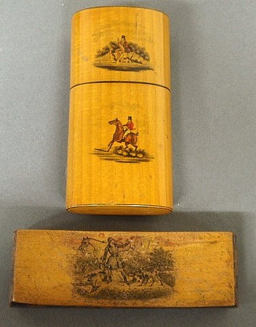 Sycamore cheroot case 5"h., 19th c., and a small: Sycamore cheroot case 5"h., 19th c., and a small rectangular wooden box, both with painted fox hunter decoration.