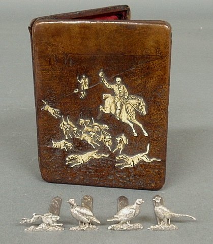 Four English silver animal form card holders 1"h., and: Four English silver animal form card holders 1"h., and a leather wallet case with inlaid/onlaid (could be a celluloid-type material or enameling-over-embossing) fox hunting scene 5.5"x4.5"