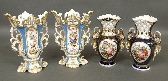 Pair of Paris porcelain garnitures decorated with: Pair of Paris porcelain garnitures decorated with birds, late 19th c. 11"h. tog. with another set 10"h.