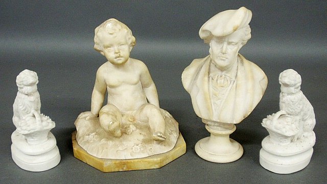 Grouping of alabaster and bisque figures- seated child: Grouping of alabaster and bisque figures- seated child 8.5"h.., bust and two spaniels 6"h.