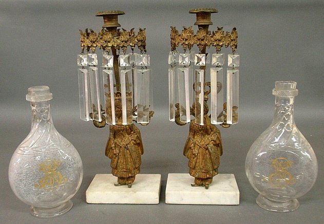 Pair of fire gilt girandoles with marble bases 14" h.,: Pair of fire gilt girandoles with marble bases 14" h., and a pair of 19th c. heavy glass bottles with gilt decoration