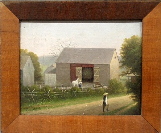Oil on canvas of an Amish barn signed l.l. "Louis: Oil on canvas of an Amish barn signed l.l. "Louis Franz". Site- 7.5"x9.5"