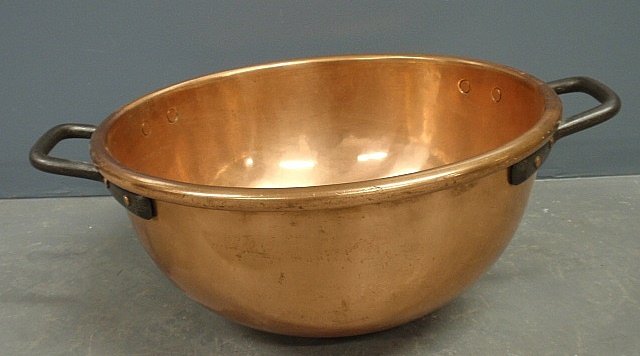 Copper candy kettle, 19th c., with wrought iron: Copper candy kettle, 19th c., with wrought iron handles. 9.5"h.x19.5"dia.