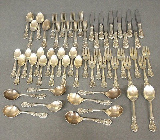 Sterling silver flatware by Reed & Barton in the: Sterling silver flatware by Reed & Barton in the "Francis I" pattern, no monogram(s)- 11 each knives 9"l.& salad forks, 12 teaspoons, 8 each bouillon spoons & luncheon forks 7"l., 4 tablespoons and 2