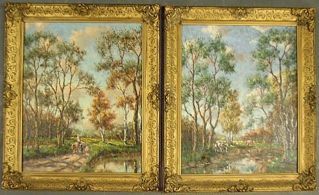 Barker, George H. [American/Florida, b.1920] pair of oi: Barker, George H. [American/Florida, b.1920] pair of oil on canvas fall landscape paintings with cows, each signed l.r. “G.H. Barker”. Site- 19.5”x15.75”
