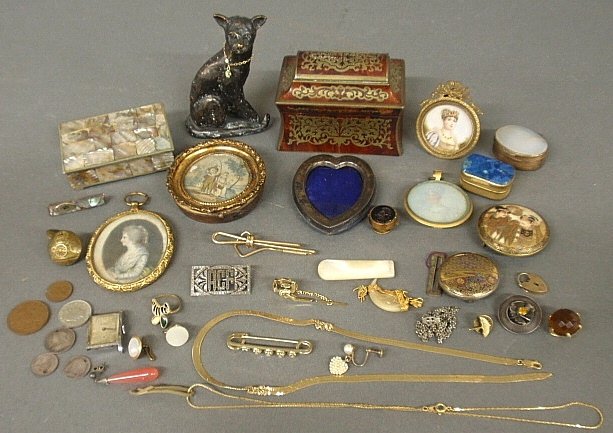 Misc. grouping to incl. brass inlaid shell box 3”h.x3.7: Misc. grouping to incl. brass inlaid shell box 3”h.x3.75”w., miniature French portrait signed “M.A.B.” and another signed “Miral”, etc.