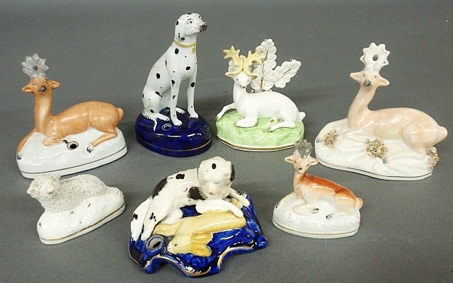 Group of Staffordshire- seated Dalmatian pen holder 6”h: Group of Staffordshire- seated Dalmatian pen holder 6”h., c.1870, a dog &rabbit quill holder 4.25”h., 4 misc. stag examples and a seated lamb.