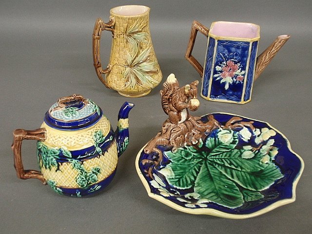 English majolica squirrel dish 5”h.x10”, colorful teapo: English majolica squirrel dish 5”h.x10”, colorful teapot, Banks & Thosley bamboo pitcher 7”h. and another teapot.