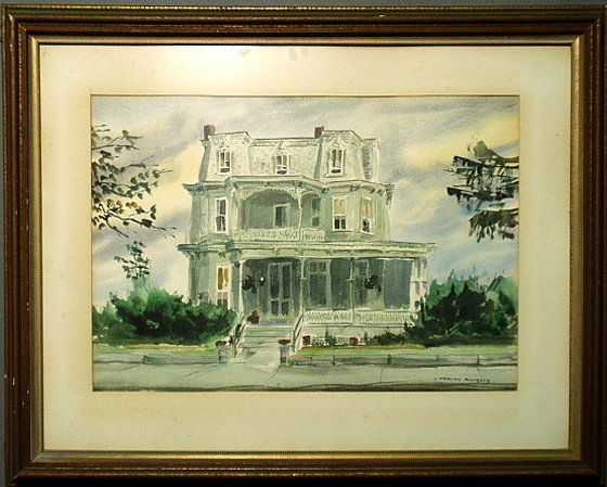 Framed and matted watercolor painting of "Gibson: Framed and matted watercolor painting of "Gibson House", Jackson St., Cape May, NJ, signed l.r. "Charles Rumsey". Site- 14"x20.5"