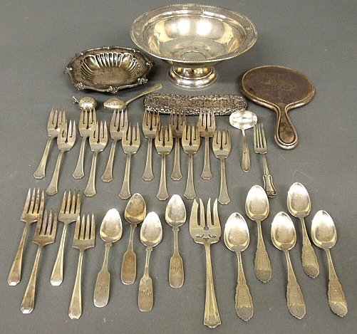 Group of sterling and coin silver tableware TI a: Group of sterling and coin silver tableware TI a weighted centerpiece bowl 4"h.x8"dia.