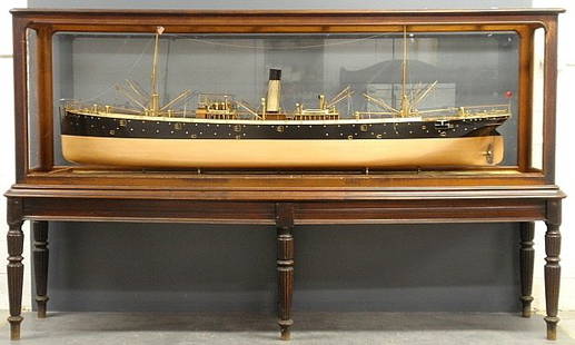 Massive finely detailed wood and brass builder's model: Massive finely detailed wood and brass builder's model of the steel screw steamer Eagle Point, mounted in a late 19th c. walnut display case. The ship built by Joseph L. Thompson & Sons Shipbuilding,