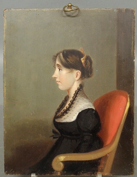 Oil on board portrait of a seated young woman, c.1830,: Oil on board portrait of a seated young woman, c.1830, unsigned, in the manner of Jacob Eichholtz. Site- 10"x8"