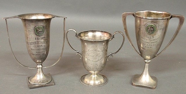 Three sterling silver equine trophies, Bryn Mawr Horse: Three sterling silver equine trophies, Bryn Mawr Horse Show Association, Inc., 1901, 1911 & 1913, tallest 7.5"h.x6"w., 15 troy oz.