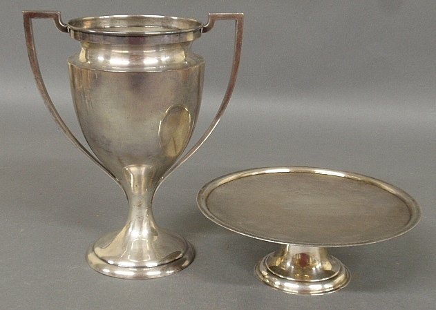 Sterling silver trophy cup, inscribed, 9"h., and a: Sterling silver trophy cup, inscribed, 9"h., and a sterling silver tazza 3"h.x8.5"dia., 26 troy oz.