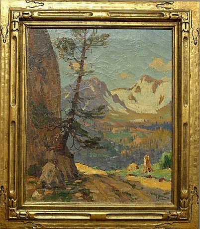 Kaufmann, Ferdinand [American/German, 1864-1942] oil on: Kaufmann, Ferdinand [American/German, 1864-1942] oil on canvas landscape painting titled verso "Snowy Peaks of the Rocky Mountains, Colo.", and signed l.r. "F. Kauffman 1930". Site- 24"x20"