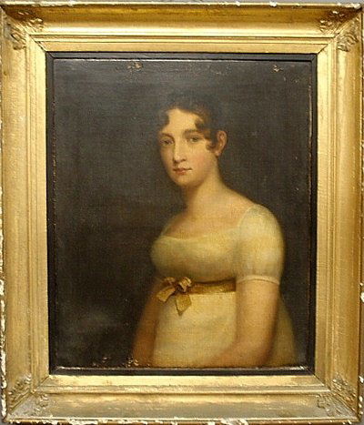 Oil on canvas portrait of a seated young woman,: Oil on canvas portrait of a seated young woman, unsigned, in the manner of Thomas Sully. Site- 28.5"h.x23.5"w.