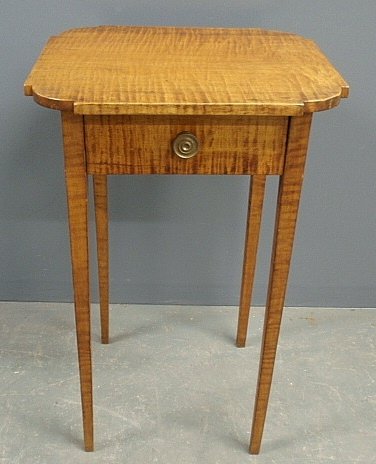 Hepplewhite tiger maple one-drawer stand, c.1790, with: Hepplewhite tiger maple one-drawer stand, c.1790, with a cut corner top. 28.5"h., top 18.5"x17.5"