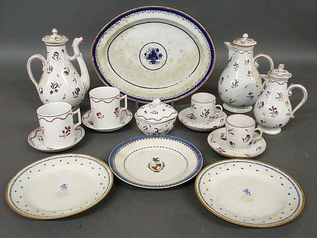 Sixteen pieces of Chinese porcelain tableware TI four: Sixteen pieces of Chinese porcelain tableware TI four cups & saucers, three coffeepots- largest 9"h., platter 13"l., covered bowl and three plates