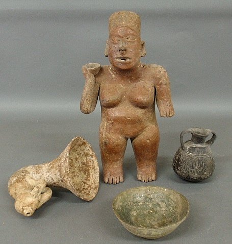 Four pieces of earthenware TI a female nude figure: Four pieces of earthenware TI a female nude figure 17"h., snail-form horn, bowl and small double-handled jug