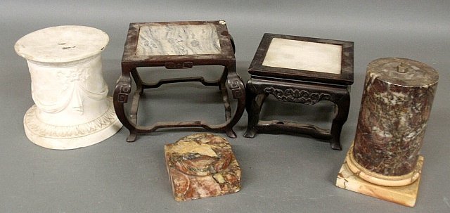 Five stand/plinths TI Parian ware plinth, 2 Asian wood: Five stand/plinths TI Parian ware plinth, 2 Asian wood and marble stands- largest 5.75"h.x7"x7"- and two marble examples