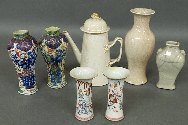Seven pieces of Chinese porcelain TI two pairs of: Seven pieces of Chinese porcelain TI two pairs of garnitures, lighthouse teapot 9.5"h.x9"w., and two vases