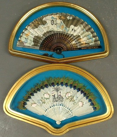 Two shadow box framed Japanese fans, one with peacock: Two shadow box framed Japanese fans, one with peacock feathers. Largest overall framed 18.5"h.x26.5"w.x1.75"d.