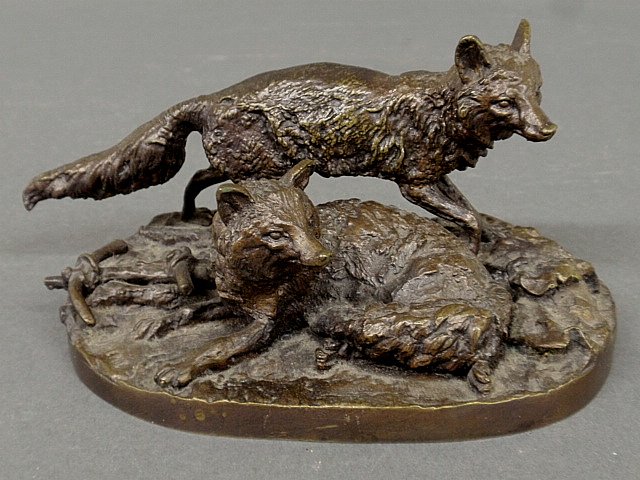 Mene, Pierre Jules [French, 1810-1879] bronze of a fox: Mene, Pierre Jules [French, 1810-1879] bronze of a fox and vixen, signed "Mene". 4"h.x7"l.x4.25"w.