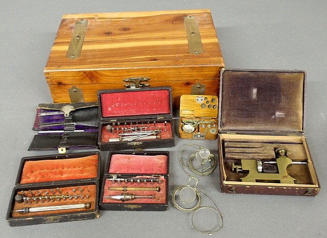 Group of watchmaker's tools and instruments, all: Group of watchmaker's tools and instruments, all contained in a small cedar box 4"h.x12"w.x7.5"d.